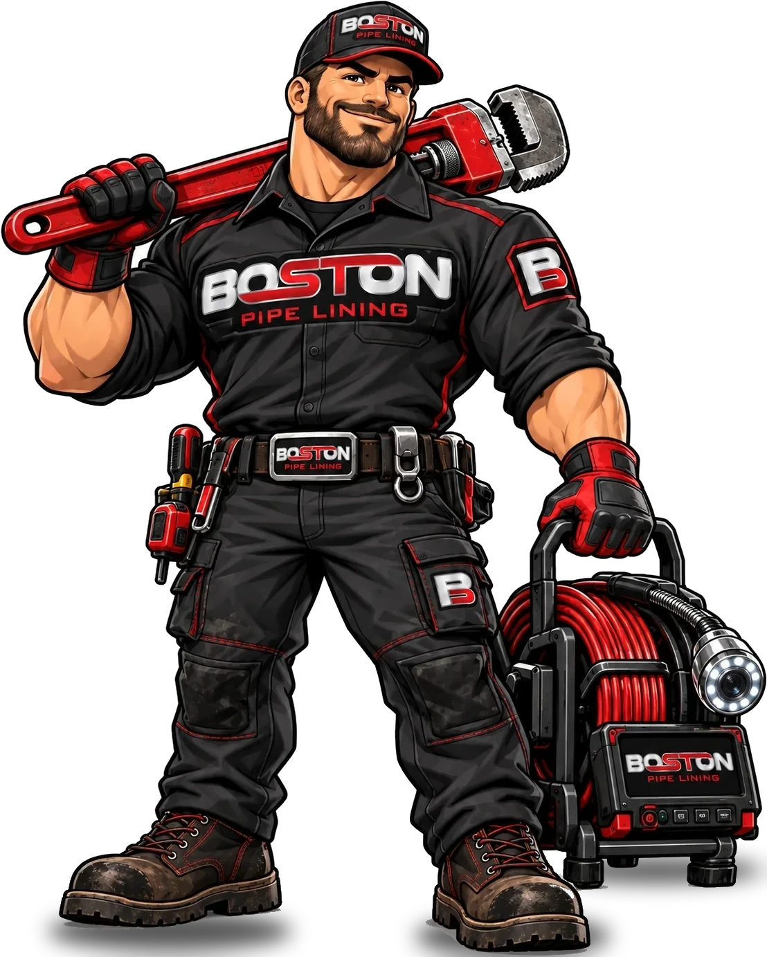 The Boston Pipe Lining mascot in our uniform, with a pipe wrench and a sewer camera reel.