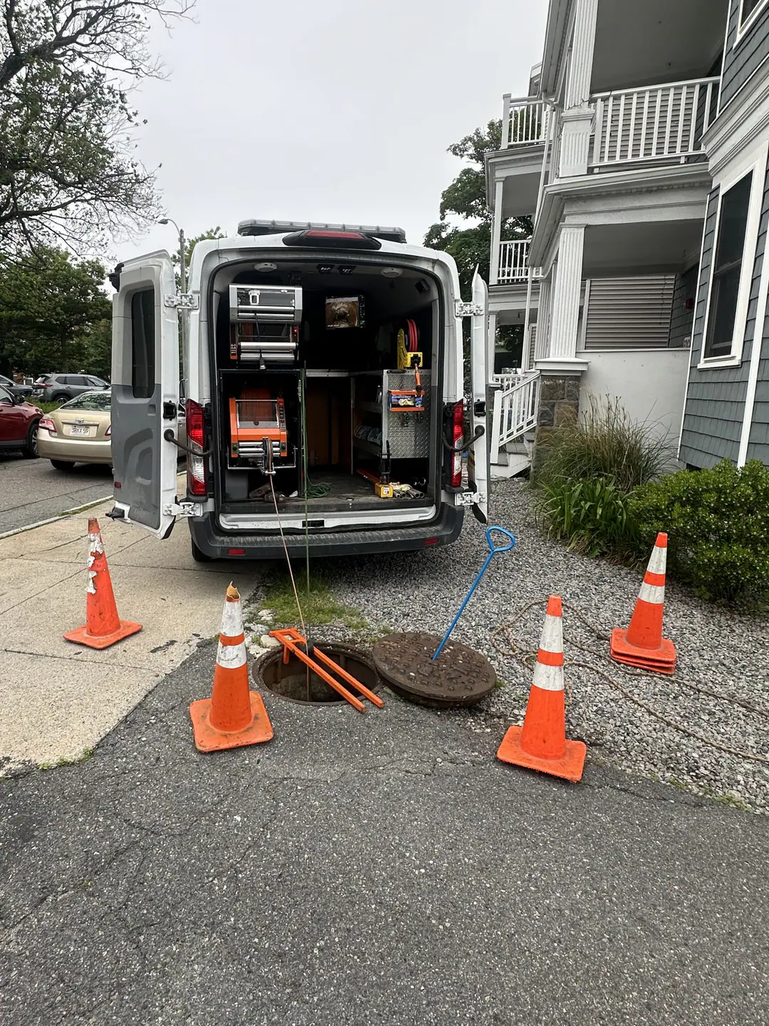 Our camera van connected through a coned-off sewer access opening on our South Boston job