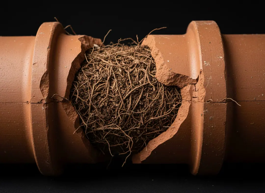 Rendering of a clay sewer pipe broken open at a hub with roots packed inside