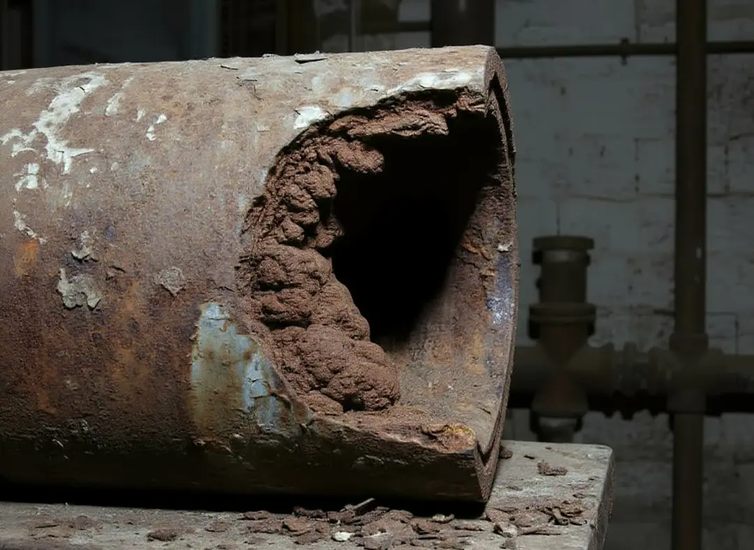 Rendering of a rusted cast iron sewer pipe broken open with corrosion scale packed inside