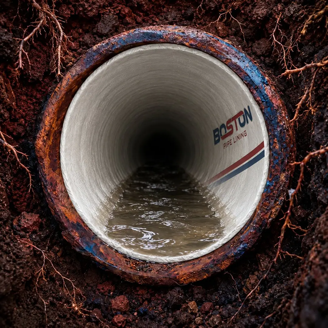Rendering of the same cast iron sewer end in soil after lining, with a white liner and clear flow inside