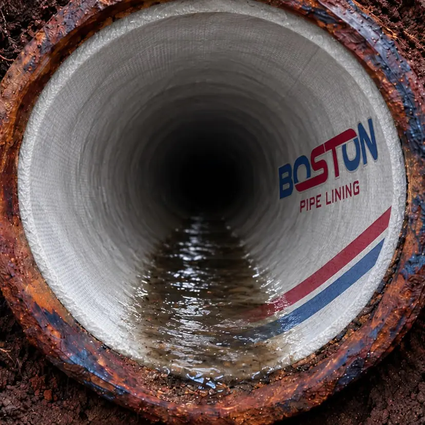 Close rendering of the same buried cast iron sewer after lining, with water flowing over the new wall