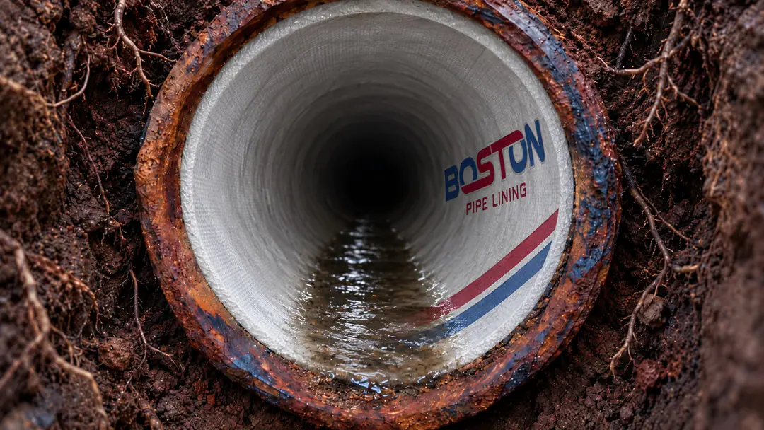 Rendering of the same buried cast iron sewer after lining, with a white liner carrying flow inside it