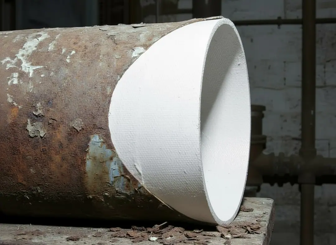 Rendering of the same cast iron sewer pipe after lining, with a white liner against its wall