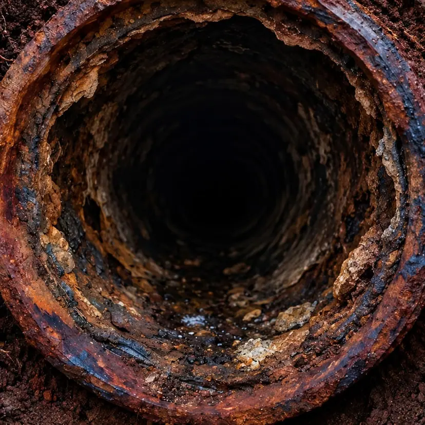 Close rendering of rust scale ringing the inside of a buried cast iron sewer