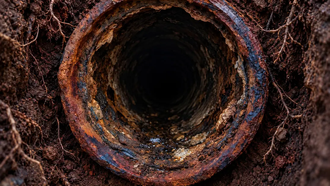 Rendering looking into a rusted, scaled cast iron sewer buried in dark soil and roots