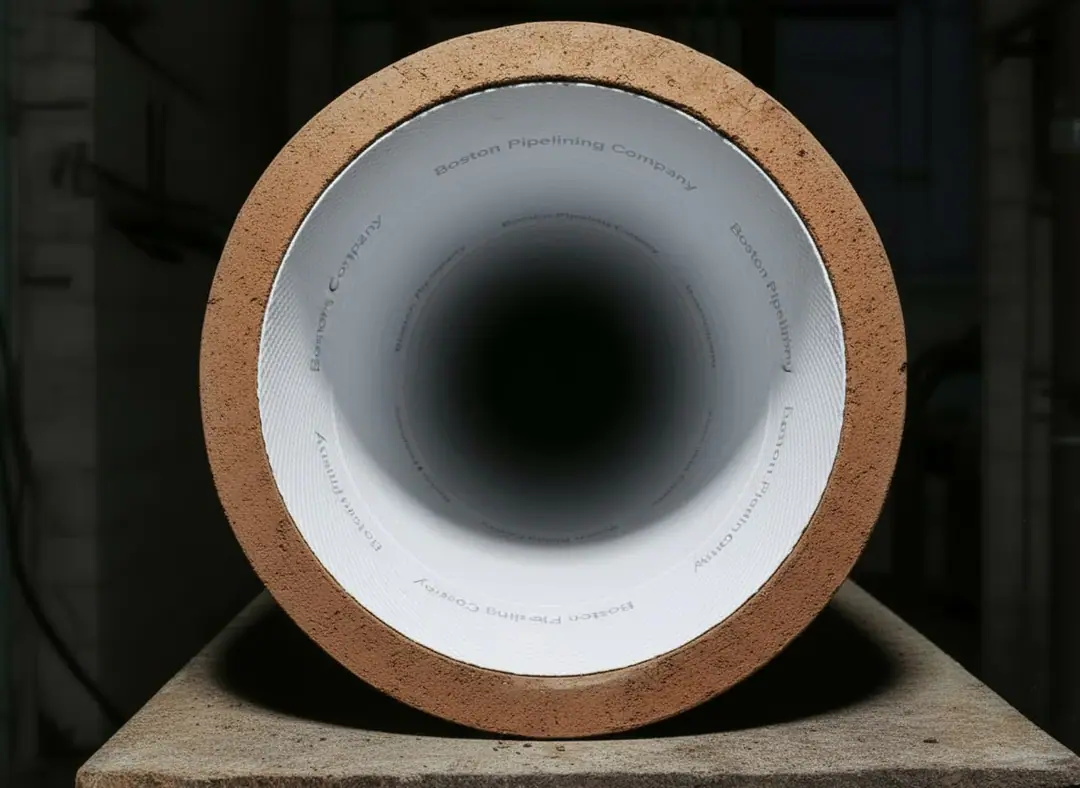 Rendering of the same clay pipe end after lining, cleared of roots, with a smooth white liner inside