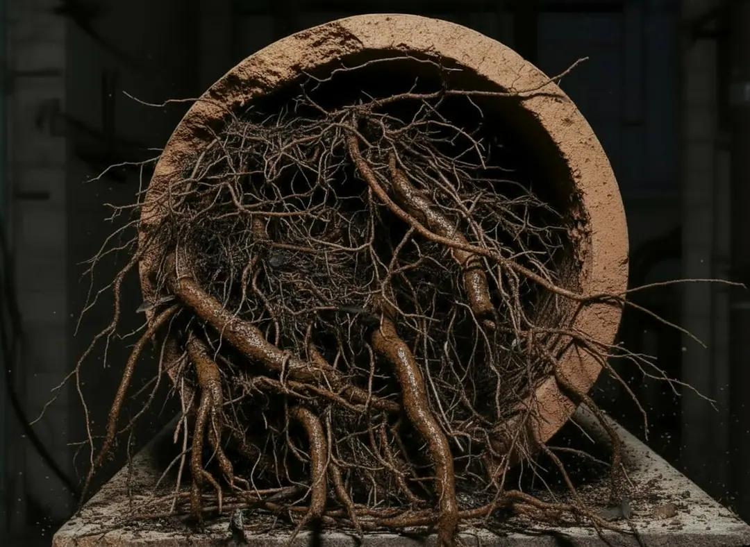 Rendering of the open end of a clay sewer pipe packed with a mass of tree roots
