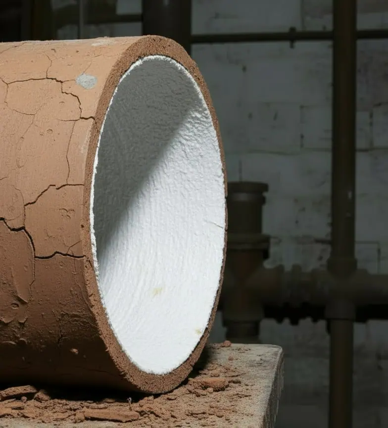 Close rendering of the same cracked clay pipe end after lining, with a smooth white liner inside