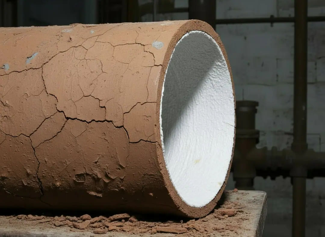 Rendering of the same cracked clay sewer pipe after lining, with a white liner inside it