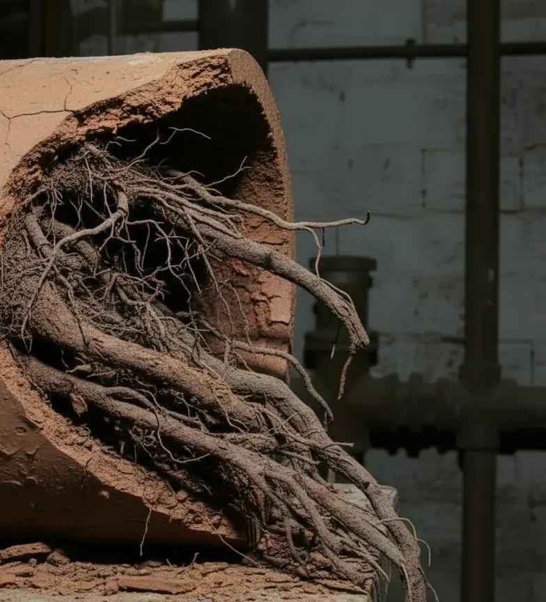Close rendering of roots spilling out of the broken end of a cracked clay sewer pipe
