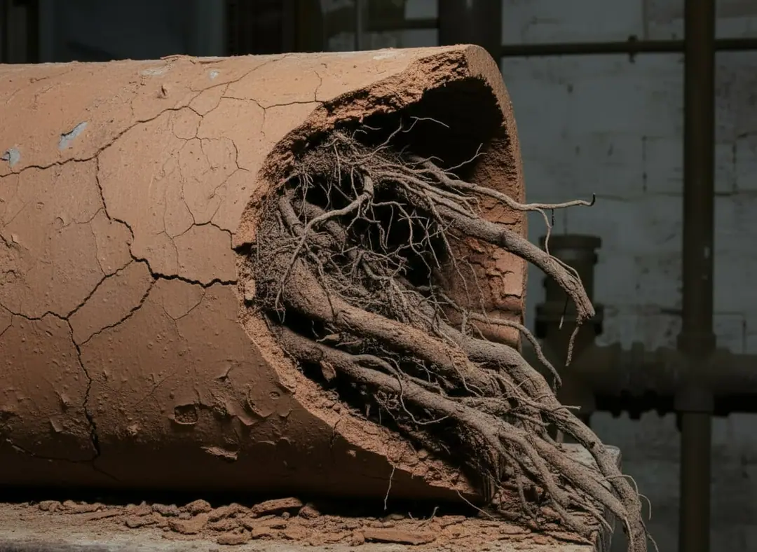 Rendering of a cracked clay sewer pipe cut open with tree roots filling its inside