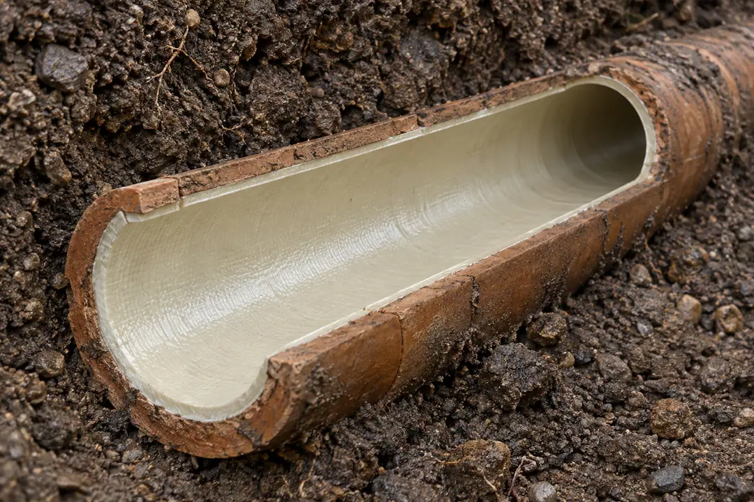 Rendering of a buried clay sewer cut away to show the new liner wall fitted against the old pipe after lining, around an open flow channel