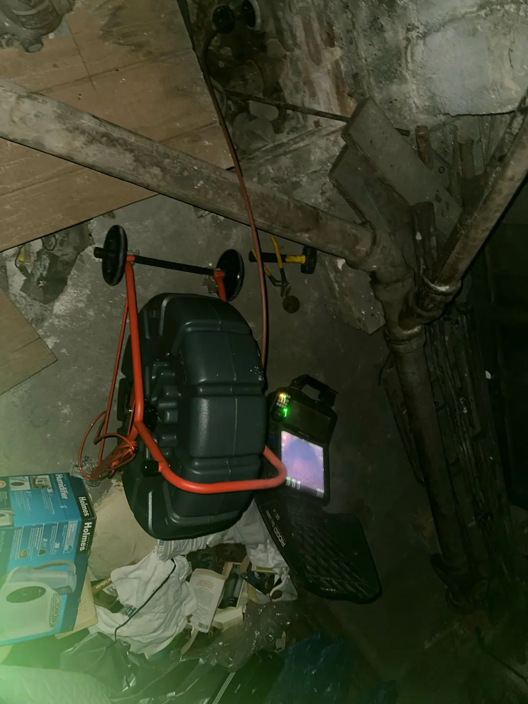 Our camera reel and monitor in a basement on our Dorchester job