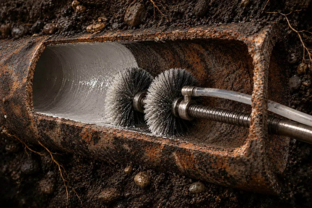 Rendering of a buried pipe cut away to show a rotating brush applying a thin epoxy coating to its inside wall
