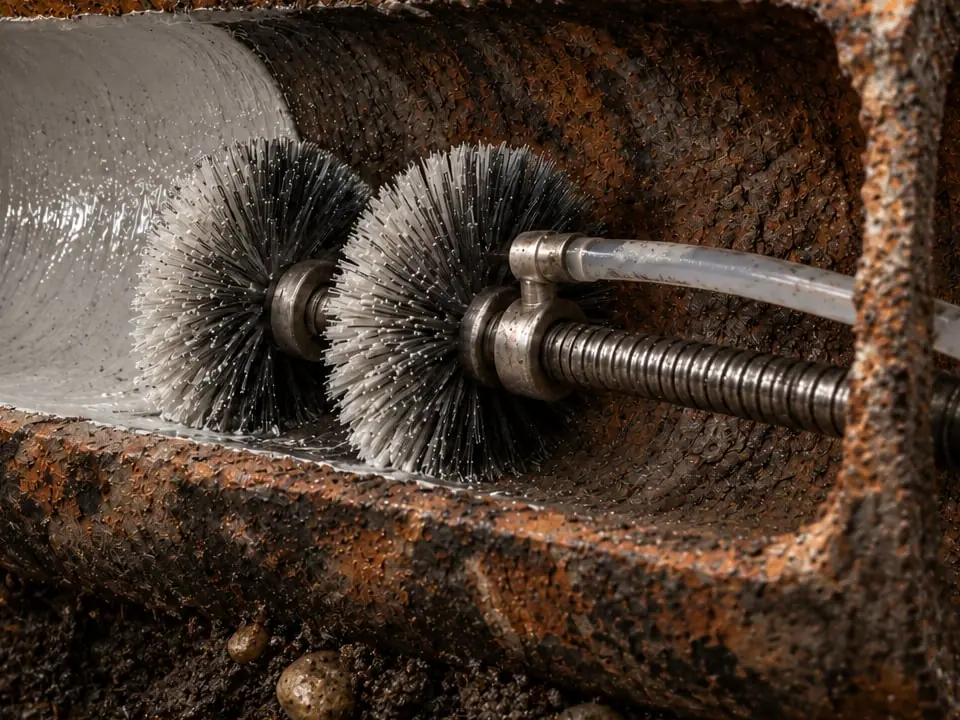 Close rendering of rotating brushes applying a thin epoxy coating inside a corroded buried pipe