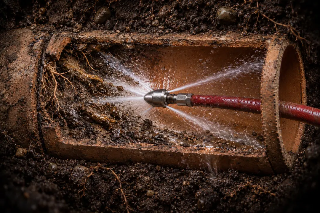 Rendering of a buried clay sewer with a hose-connected jetting nozzle washing roots and deposits toward the access point