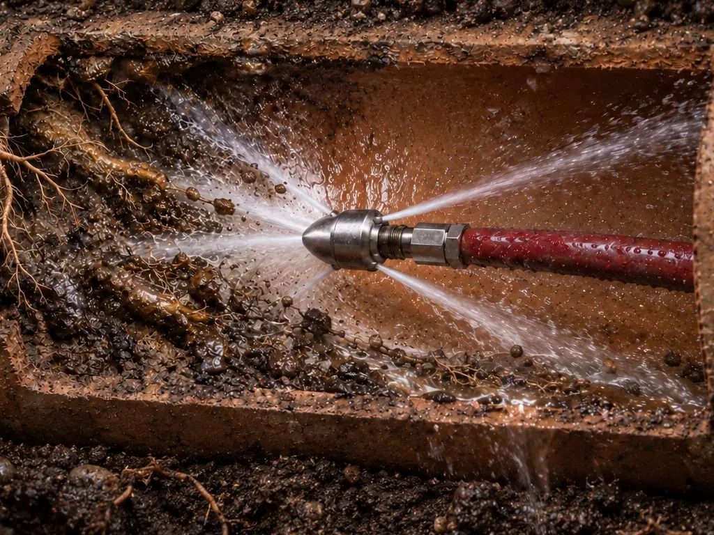 Close rendering of a hydro jetting nozzle spraying water against roots inside a buried clay sewer