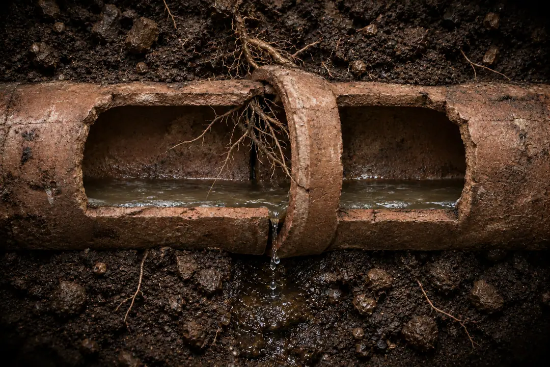 Rendering of an underground cutaway with roots entering a clay sewer joint and wastewater leaking into the soil