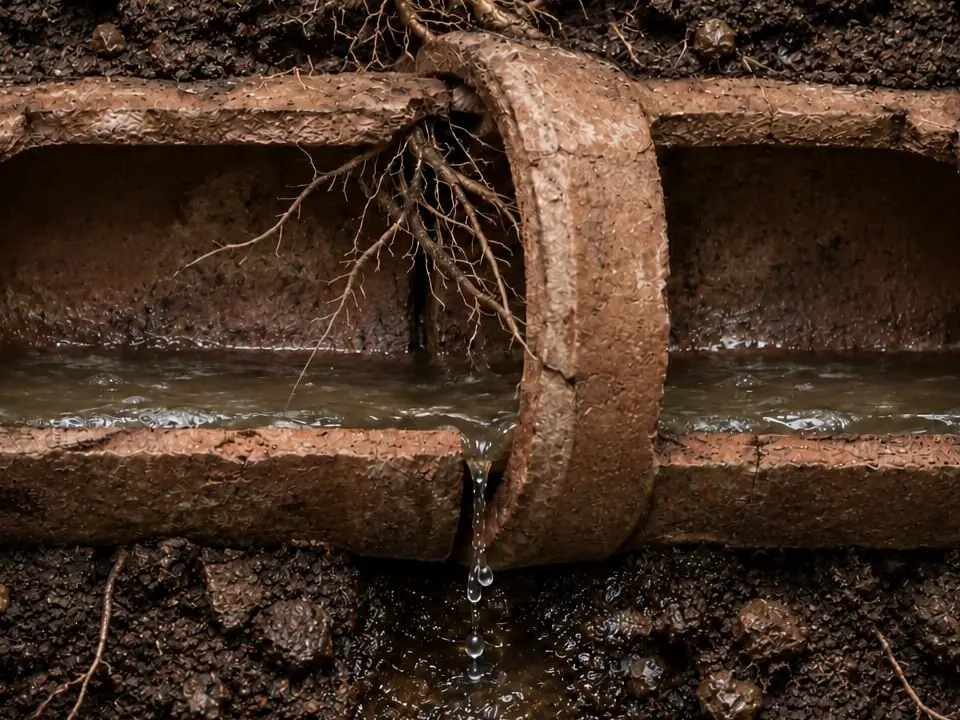 Close rendering of a leaking clay sewer joint with roots growing through the gap and water dripping into the soil