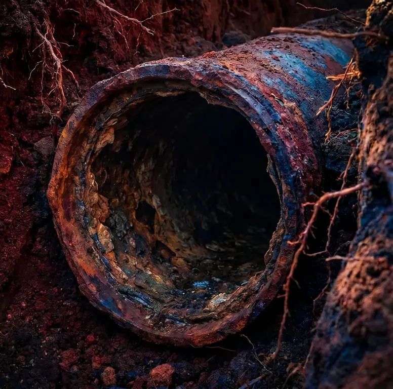 Rendering of a rusted cast iron lateral in dark soil with corrosion packed inside its bore
