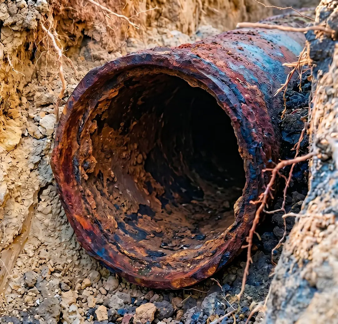 Close rendering of the corroded mouth of a rusted sewer lateral in sandy soil