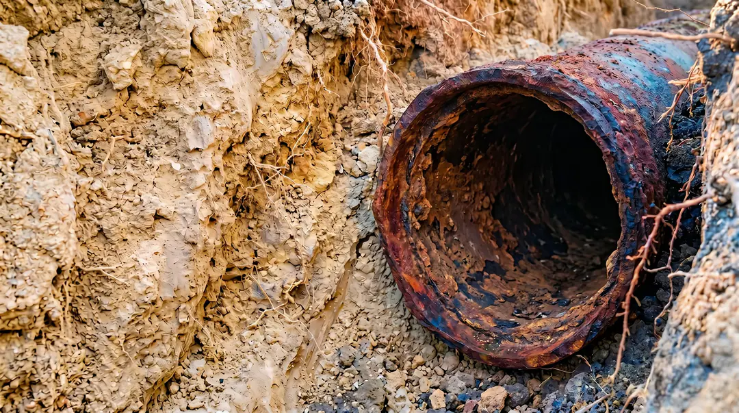 Rendering of a rusted sewer lateral exposed in a sandy excavation pit