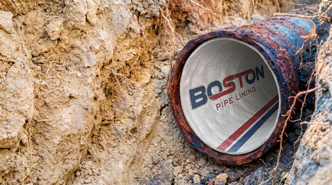 Rendering of the same exposed sewer lateral after lining, with a white liner inside it