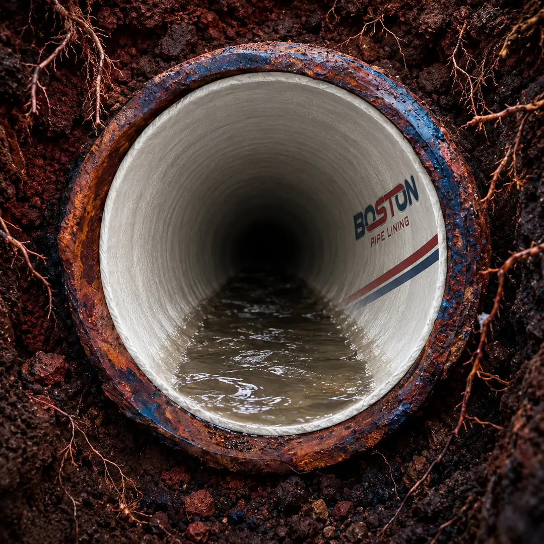 Rendering of the same sewer pipe after a white cured-in-place liner with the Boston Pipe Lining logo was installed