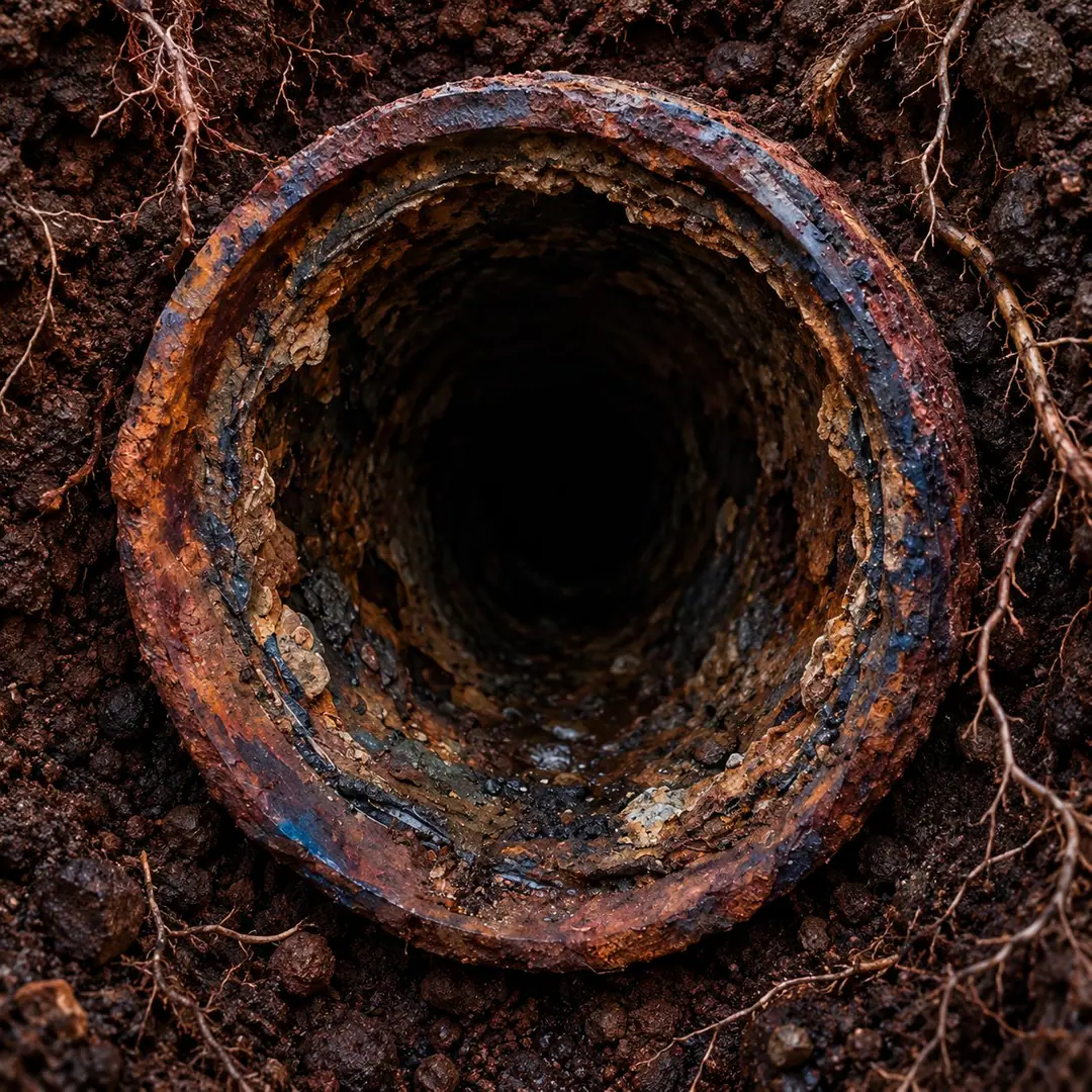 Rendering looking down a damaged sewer pipe with corrosion, scale and roots