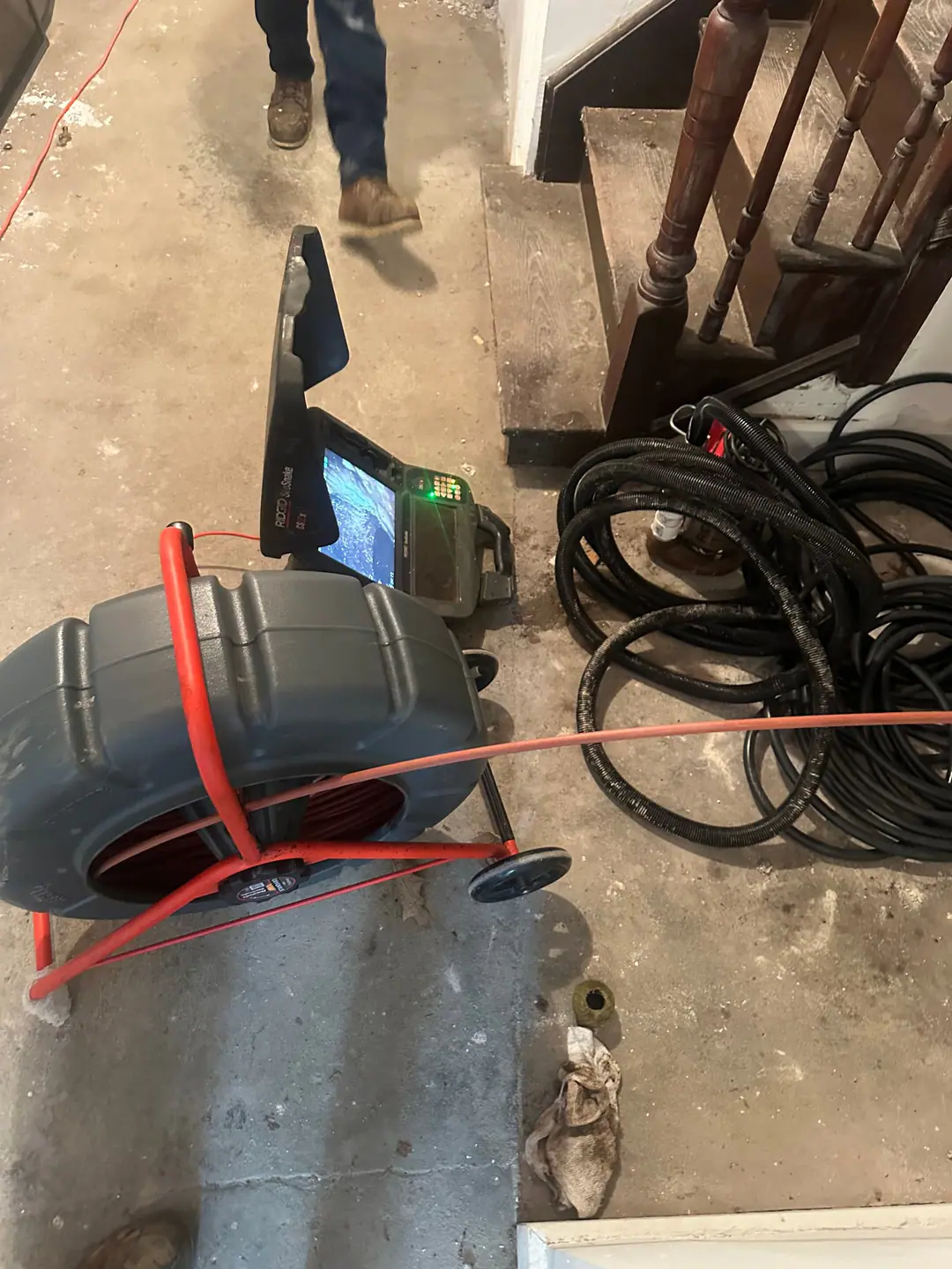 Our camera reel and monitor in a basement on our South Boston job