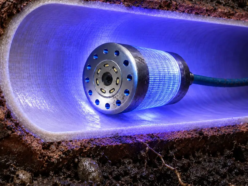 Close rendering of a UV curing head glowing blue-violet as it cures a liner inside a buried sewer
