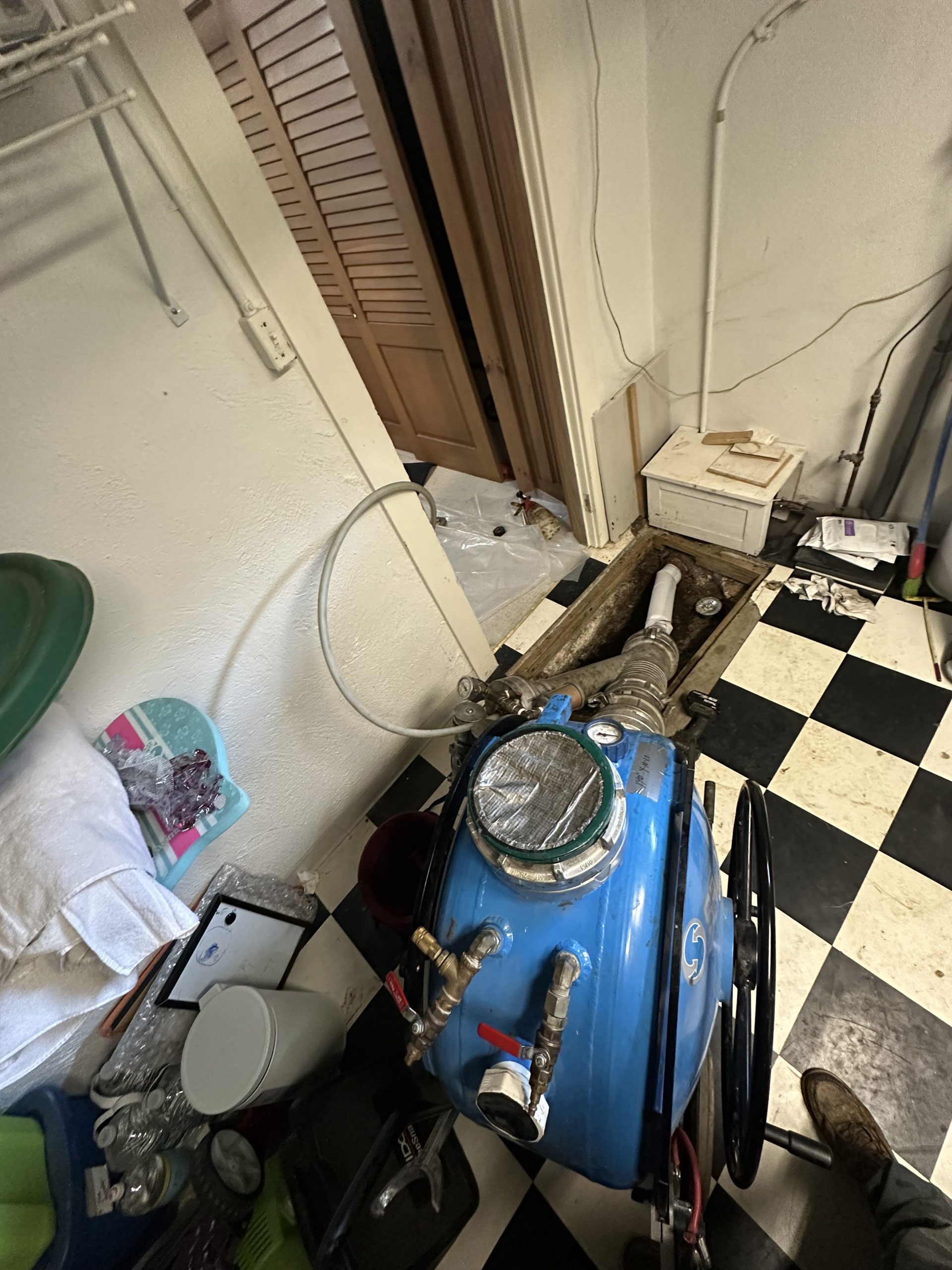 Basement sewer line prepared for no-dig trenchless rehabilitation